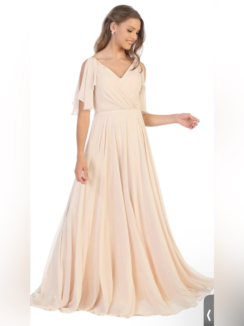 Elegant Blush Pink Wrap Maxi Dress with Flutter Sleeves LAVETIR